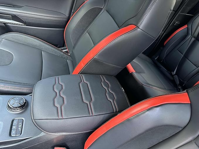 Muslogy Center Console Armrest Cover Fit for Ford Ranger 2024 2025 2026 Accessories, Comfort Armrest Pad Console Lid Cushion Vegan Leather Regular Thick(Black/Orange Trim)