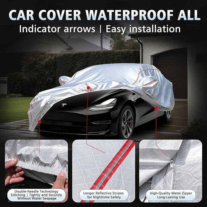 Car Cover Waterproof All Weather for Tesla Model 3 2017-2025,All-Around Fastening and 4 Upgrades, 30s Quick-Install for Car Cover