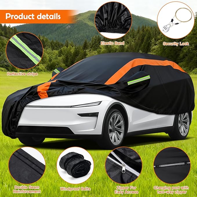 Car Cover for Tesla Model Y 2020-2026, Multi-Layer Automobiles Covers Waterproof All Weather with Zipper Door, Sun Rain Snow Dust Protection