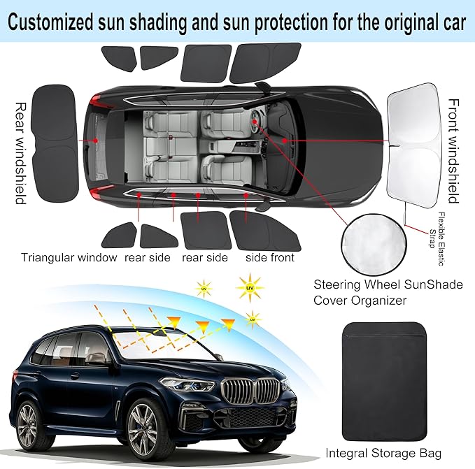 10PCS Windshield Sun Shade Custom Fit for 2019 2020 2021 2022 2023 2024 2025 BMW X5 Accessories Foldable Sunshade Side Rear Window Shade Cover Full Set Privacy Protection Keeps Car Cool