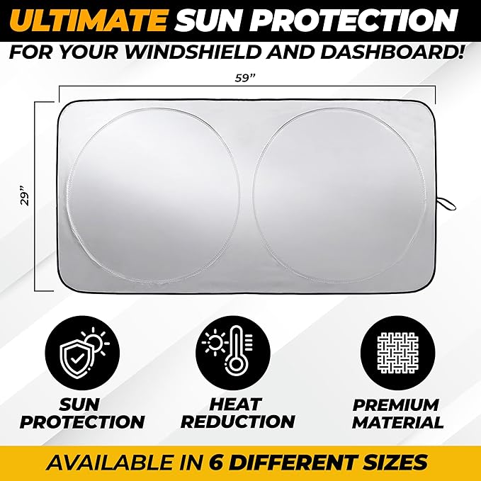 Windshield Sun Shade for Car, SUV & Truck – Patented Design Blocks 99% UV Rays & Heat | 240T Reflective Polyester Sunshade with Storage Bag | Keeps Vehicle Interior Cool | Universal Fit S(59" x 29")