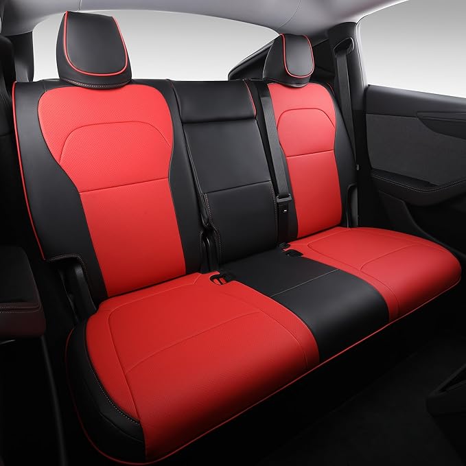 Custom Fit Seat Covers for 2025 2026 Tesla Model Y Juniper (5-Seater) - Ventilated Seats & Rear Screen Compatible - Nappa Leather Full Set Car Seat Protectors (Black+Red, Model Y 2025)
