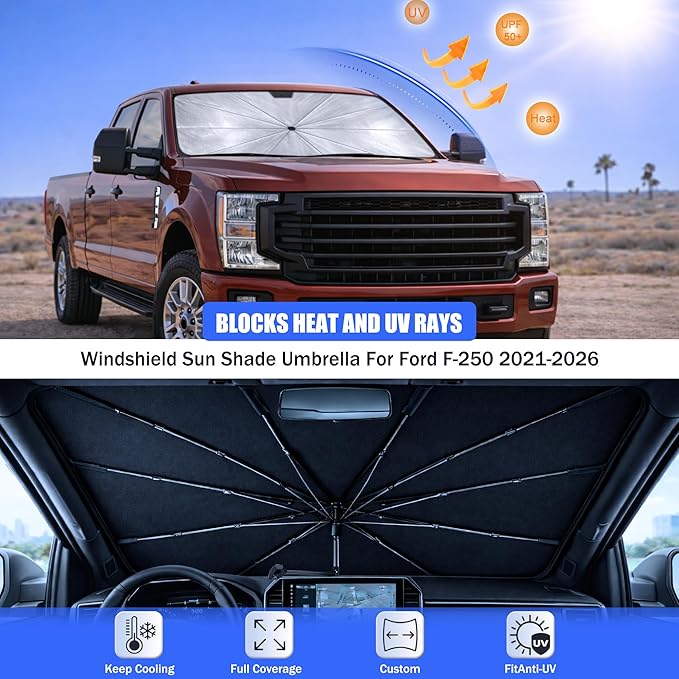 2026 Upgraded Car Windshield Sun Shade Umbrella - Custom-Fit for Ford F-250 2021-2026 Umbrella Sunshade,Easy Install,UV Protection & Heat Reflective,Keep Interior Cooler with Storage Bag