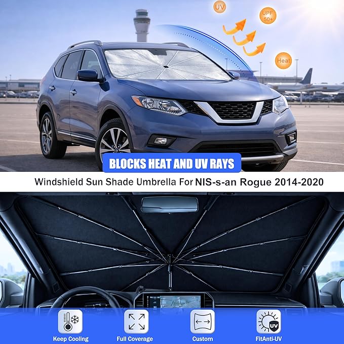 2026 Upgraded Car Windshield Sun Shade Umbrella - Custom-Fit for NIS-s-an Rogue 2014-2020 Umbrella Sunshade,Easy Install,UV Protection & Heat Reflective,Keep Interior Cooler with Storage Bag