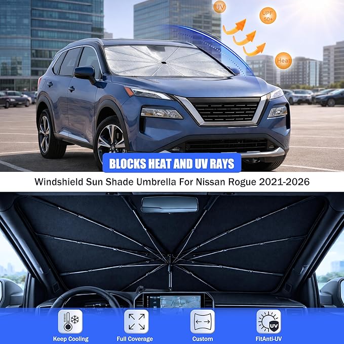 2026 Upgraded Car Windshield Sun Shade Umbrella - Custom-Fit for NIS-s-an Rogue 2021-2024 Umbrella Sunshade,Easy Install,UV Protection & Heat Reflective,Keep Interior Cooler with Storage Bag
