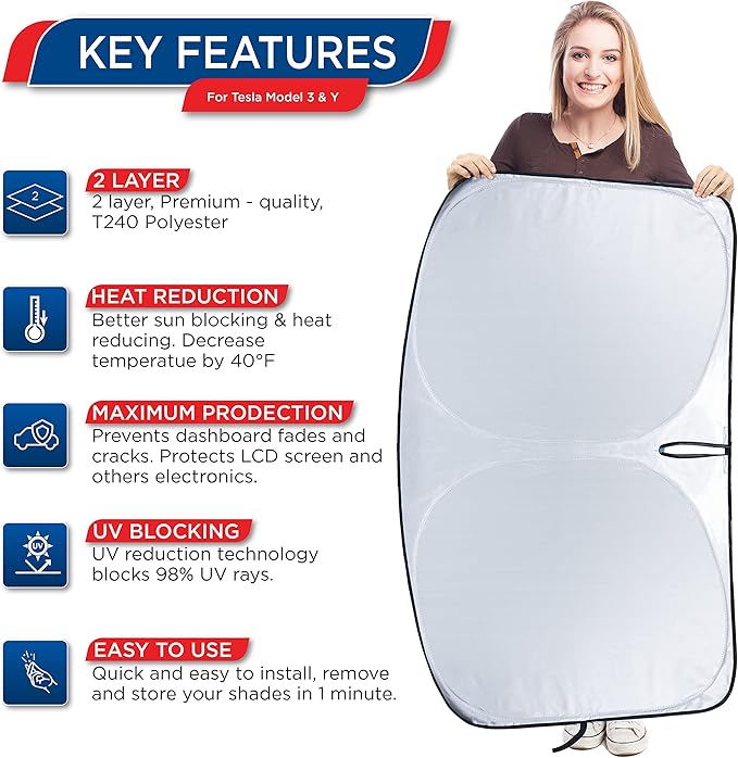 MAXORION Tesla Model 3 & Y Sunshade Windshield- Made from Genuine 2-Layer Material. in Addition to The Tesla Model 3 and Y Windshield Sun Shade, a Cleaning Cloth is Also Included in The Package.