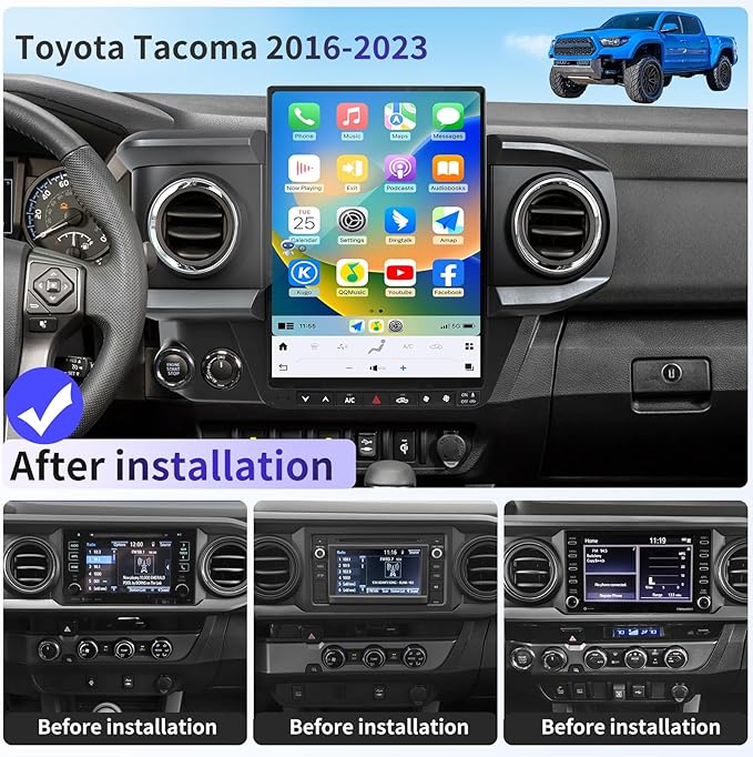 Qualcomm Car Radio for Toyota Tacoma 2016-2023 Stereo Upgrade Wireless CarPlay/Android Auto 8+128G 13.8 Inch Tesla Style 2K Touch Screen with DSP GPS 4G WiFi FM/AM SWC Support Factory Backup Camera