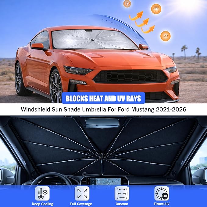 2026 Upgraded Car Windshield Sun Shade Umbrella - Custom-Fit for Ford Mustang 2021-2026 Umbrella Sunshade,Easy Install,UV Protection & Heat Reflective,Keep Interior Cooler with Storage Bag