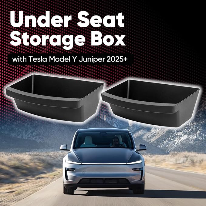 Under Seat Storage Box for Tesla Model Y Juniper 2025-2026, Custom-Fit Under-Seat Organizer Bin Tray for Front & Rear Seats, Waterproof TPE Interior Accessories, 2 Pack, Black, No-Drill