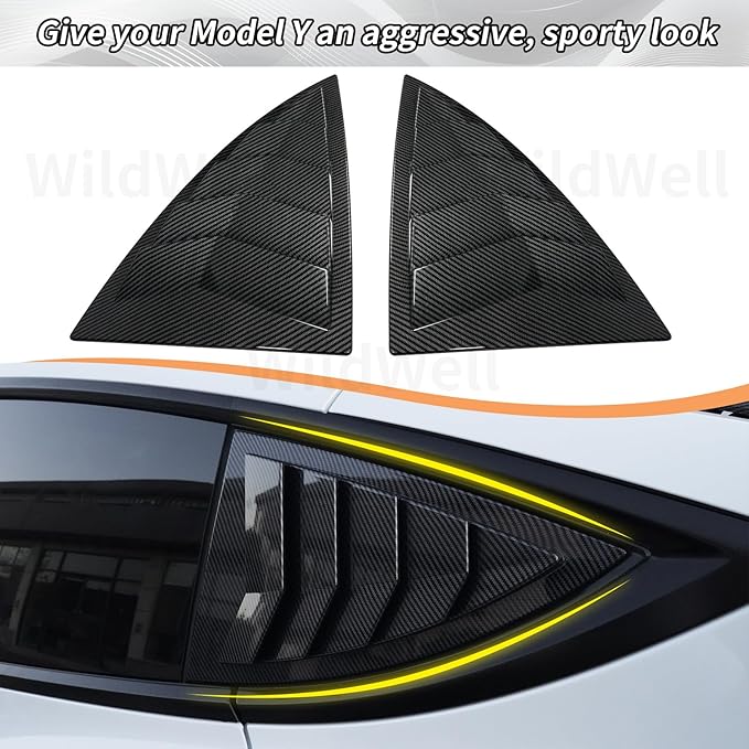 WildWell Rear Side Window Louver Cover for 2020-2026 Tesla Model Y & Model Y Juniper, Side Window Louver Air Vent Scoop Sunshade Covers Exterior Accessories Carbon Fiber Painted