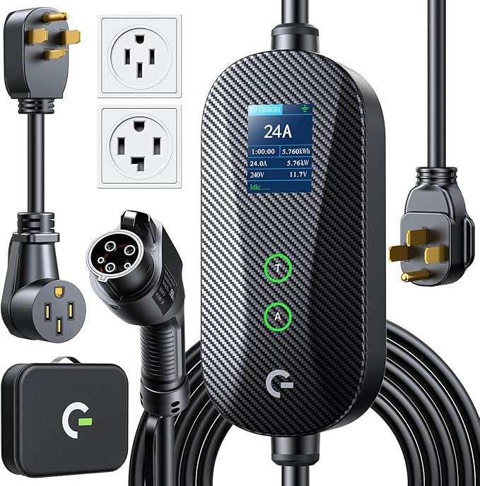 Carbon Fiber Level 2 EV Charger, 24A Adjustable Current/Timer/Smart Display, NEMA 14-30 Dryer Outlet & 14-50 Plug, 21FT EV Charging Cable, J1772 Connector for SEA J1772 EVs/PHEVs
