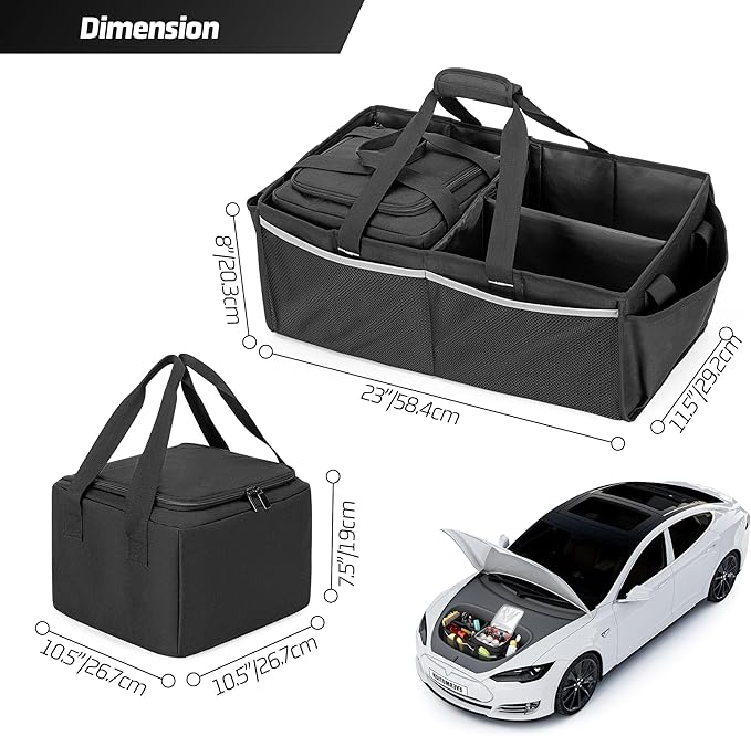 GRAOSO Front Trunk Organizer with Cooler Bag Compatible with Tesla Model 3 / Model Y, Frunk Storage Bag Collapsible with Multi-Compartment for Trip Accessories, Tools, Food and Drink, Black