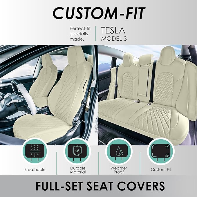 FH Group Custom Fit Car Seat Covers Specifically Made for 2017–2023 Tesla Model 3 Full Set Solid Beige Ultraflex Neoprene Car Seat Covers, Waterproof Automotive Seat Covers, Tesla Accessories