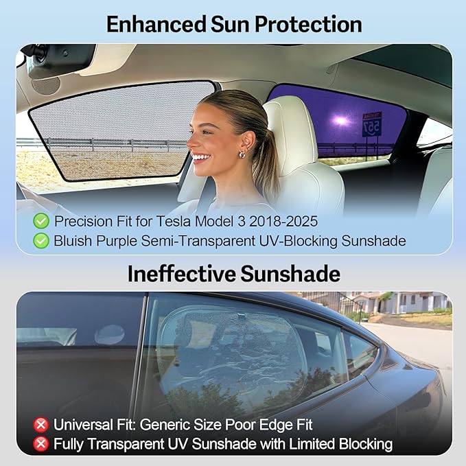 ZATOOTO Tesla Model 3 Car Window Shades 4Pack | Clear for Safe Driving | Bluish-Purple for Passenger Comfort | UV Protection | Static Cling Side Window Sun Shade Blocker with Storage Bag | 2018-2025 |