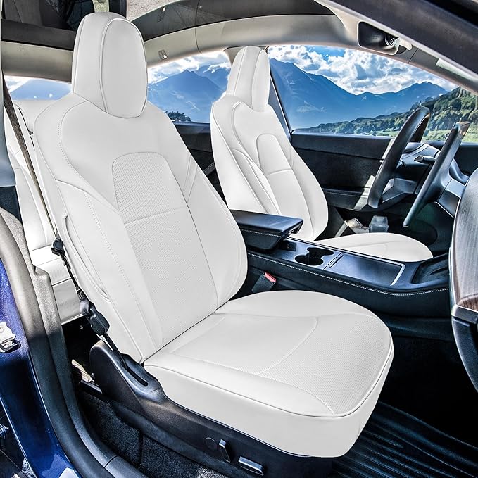 FH Group Custom Fit Car Seat Covers Specifically Made for 2017–2023 Tesla Model 3 Rear Set Solid White Faux Leather Car Seat Covers, Waterproof Automotive Seat Covers, Tesla Accessories