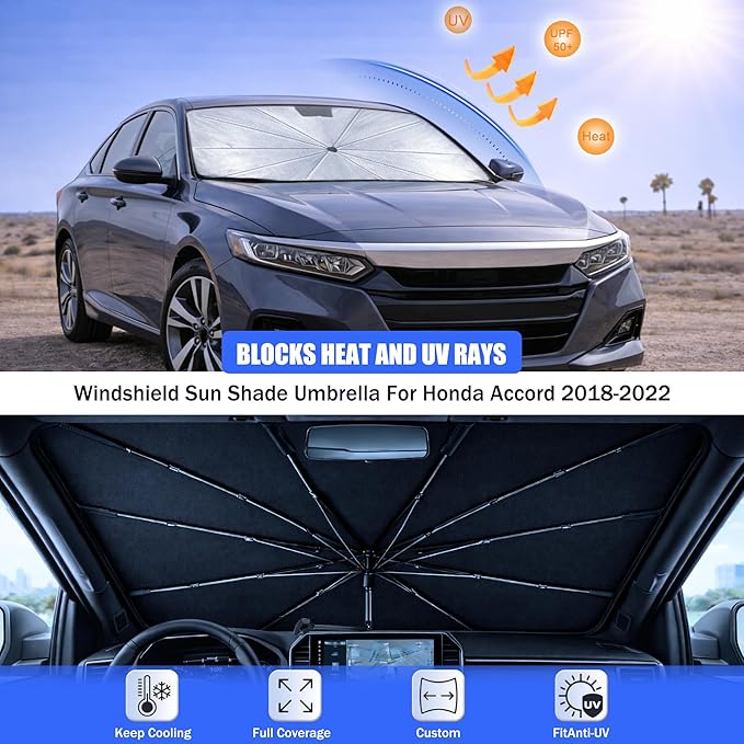 2026 Upgraded Car Windshield Sun Shade Umbrella - Custom-Fit for Honda Accord 2018-2022 Umbrella Sunshade,Easy Install,UV Protection & Heat Reflective,Keep Interior Cooler with Storage Bag