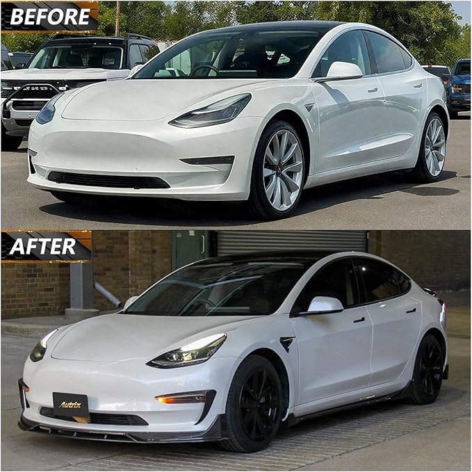 Full Body Kit for Tesla Model 3 2017-2023, Aero Package Front Lip, Rear Diffuser, Side Skirts, Spoiler, Fog Light Covers Performance Styling Carbon Fiber Printed
