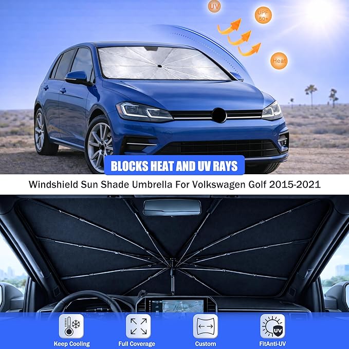 2026 Upgraded Car Windshield Sun Shade Umbrella - Custom-Fit for Volkswagen Golf 2015-2021 Umbrella Sunshade,Easy Install,UV Protection & Heat Reflective,Keep Interior Cooler with Storage Bag