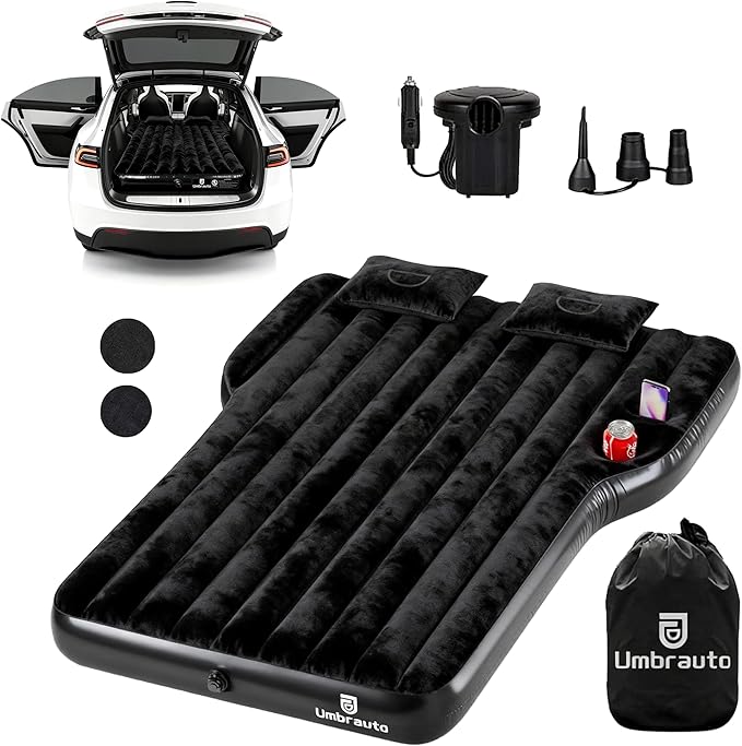 Umbrauto Custom Fit Air Mattress for Tesla Model Y/Juniper, 2026 Upgraded Inflatable Camping Bed for Back Trunk, Soft Flocking Surface+Reinforced Bottom Sleeping Pad w/Pump for Outdoor Travel