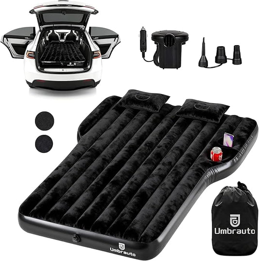 Umbrauto Custom Fit Air Mattress for Tesla Model Y/Juniper, 2026 Upgraded Inflatable Camping Bed for Back Trunk, Soft Flocking Surface+Reinforced Bottom Sleeping Pad w/Pump for Outdoor Travel