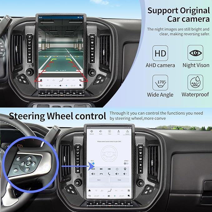 Qualcomm Car Radio for Chevrolet Silverado GMC Sierra 2014-2019 Stereo Replacement Head Unit 14.4 Inch 2K IPS Touch Screen Tesla Style Carplay Android Auto GPS OEM 8 Inch (Carbon Fibre)