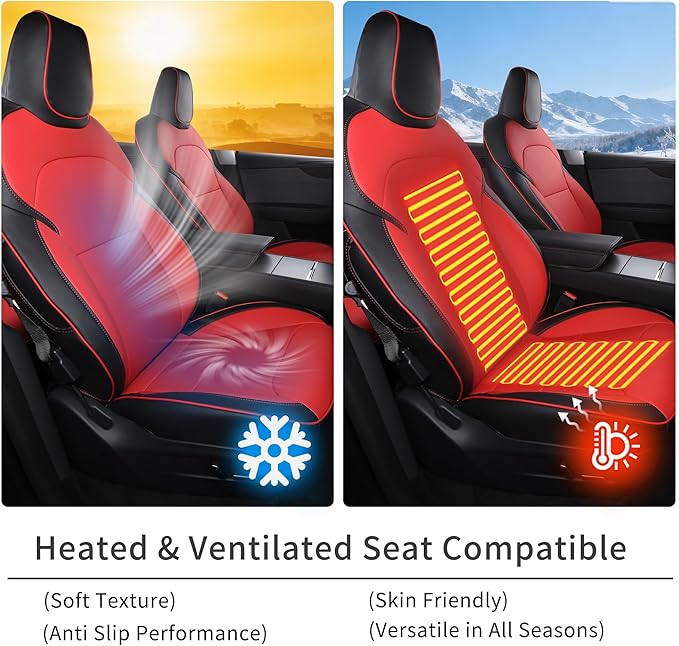 Custom Fit Seat Covers for 2025 2026 Tesla Model Y Juniper (5-Seater) - Ventilated Seats & Rear Screen Compatible - Nappa Leather Full Set Car Seat Protectors (Black+Red, Model Y 2025)