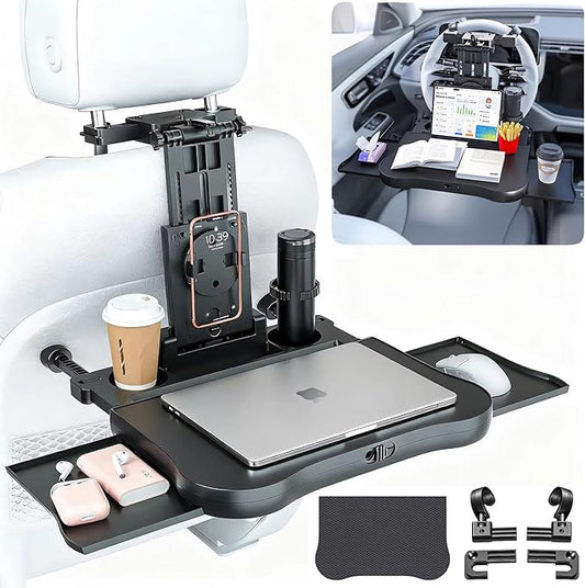 2-in-1 Car Steering Wheel Tray & Back Seat Headrest Tray with Phone Holder, Steering Wheel Desk Food Table for Car Laptop Mount Steering Wheel for Large SUVs, Trucks & Vans