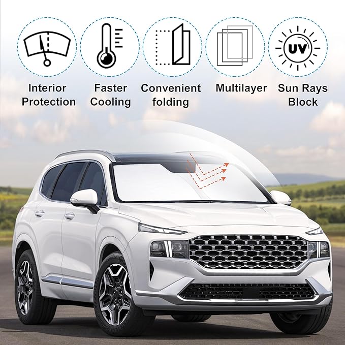 YYCKE Windshield Sun Shade Accessories Compatible with 2023 2022 2021 2020 2019 Santa Fe, SE, SEL, SEL Plus for Hyundai Foldable Sunshade Sun Visor Blocks UV
