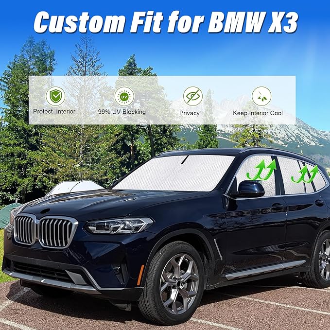 KMF 10pcs Thicken Sun Shades for BMW X3 Accessories 2018-2024, Full Car Window Covers Sunshade for Windshield Side Rear, UV Block Visor Protecting Privacy Blackout for Car Camping