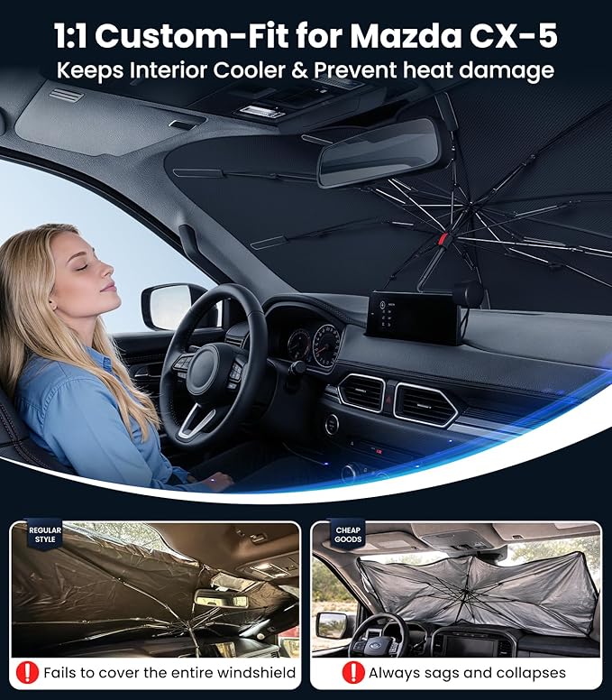 Zanch 2026 Upgraded Windshield Sun Shade Umbrella: Custom Fit for Mazda CX-5 2013-2025 Front Window Sunshade, Block UV Rays & Keep Car Cool, Precision 1:1 Scan for Mazda CX-5, No Gaps & No Scratches.