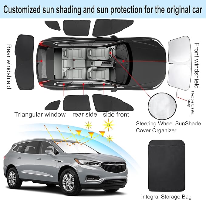 8PCS Windshield Sun Shade Custom Fit for 2018-2024 Buick Enclave Accessories Foldable Sunshade Side Rear Window Shade Cover Full Set Privacy Protection Keeps Car Cool