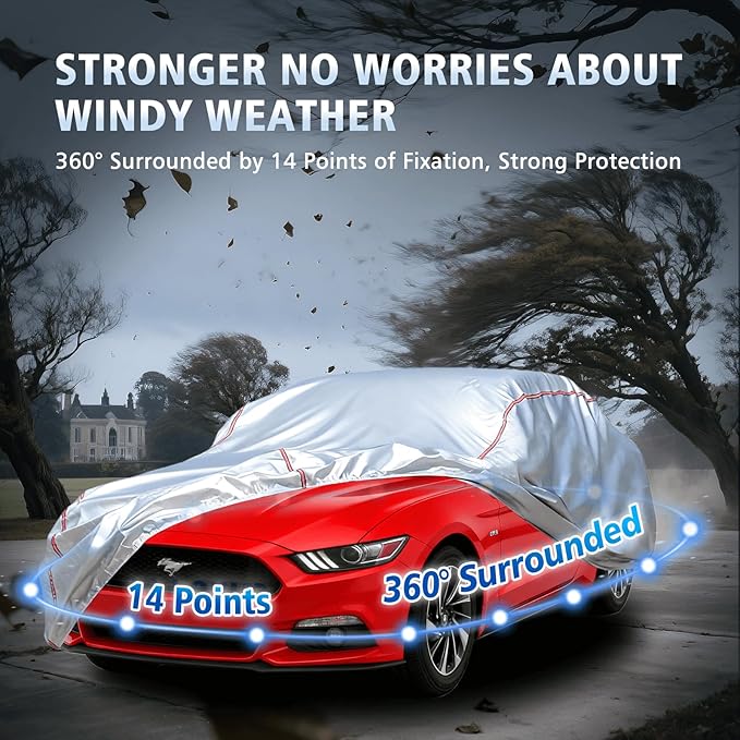 Car Cover Waterproof All Weather for Ford Mustang 1994-2025,All-Around Fastening and 4 Upgrades, 30s Quick-Install for Car Cover