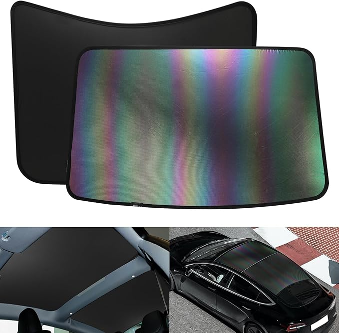 ROCCS Sunshade Roof for Tesla Model 3 2023-2021, Colorful Ice Crystal Glass Roof Sunshade, No-Sag Design, Retractable, Heat Insulation, Snap Foldable (Black)