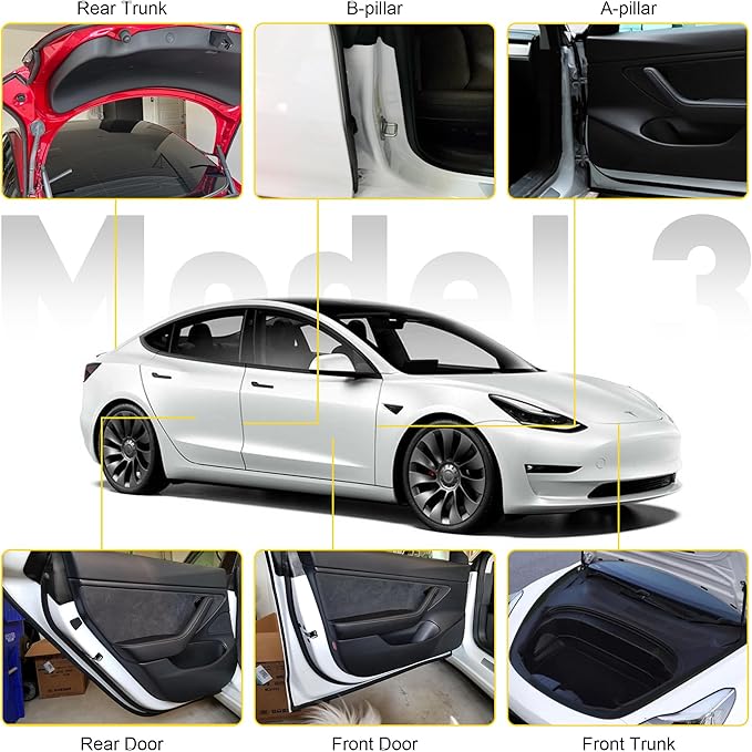 Car Weather Stripping for Tesla Model 3, Soundproof Seal for Wind Noise Reduction, Door & Trunk & A/B Pillar Rubber Seals
