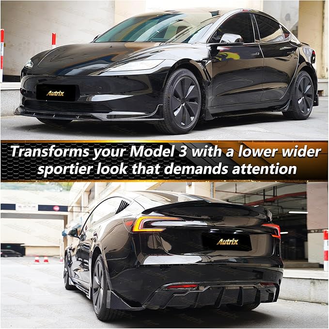 Full Body Kit for Tesla Model 3 Highland 2024-2026, Aero Package Front Lip, Rear Diffuser, Side Skirts, Rear Spoiler, Fog Light Trims Aggressive Performance Style Carbon Fiber look