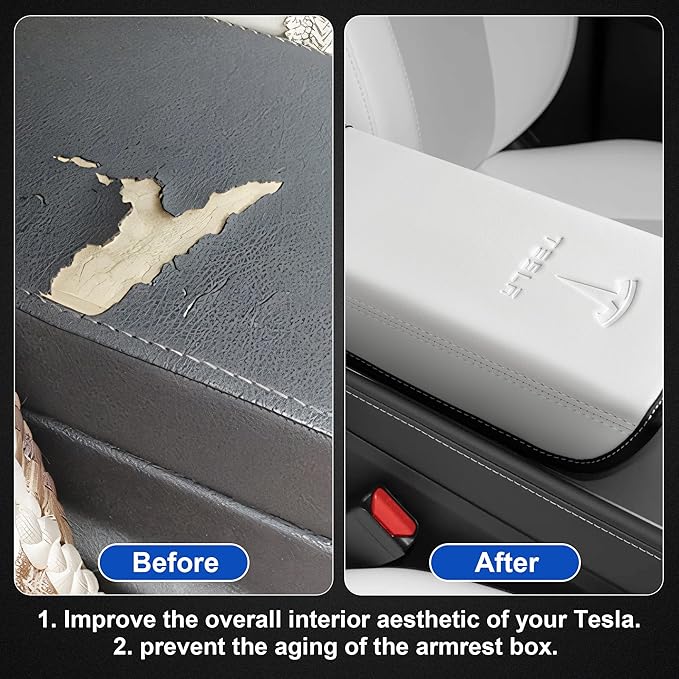 Center Console Leather Armrest Cover Designed for Tesla Model 3 2017-2023/Model Y 2020-2025(Not for Model Y Juniper),Center Console Accessories for Tesla Model 3/Y Interior Accessories White