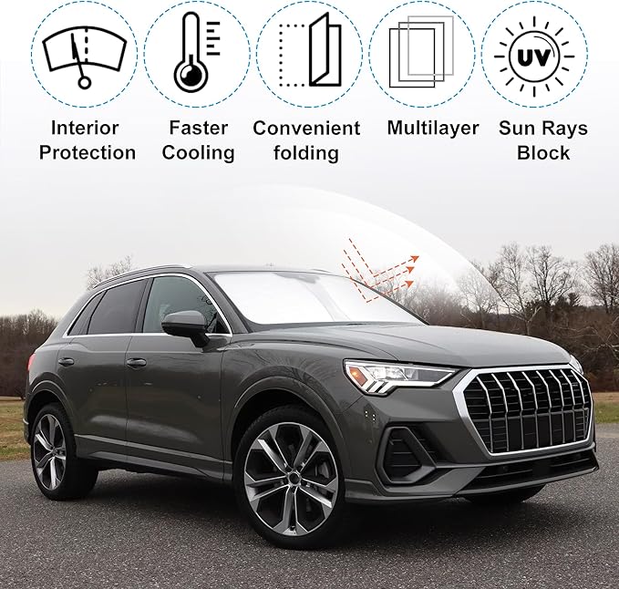 YYCKE Windshield Sun Shade Accessories Compatible with 2019-2024 2025 Q3 for Audi Foldable Sunshade Sun Visor Blocks UV