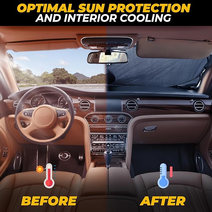 Windshield Sun Shade for Car, SUV & Truck – Patented Design Blocks 99% UV Rays & Heat | 240T Reflective Polyester Sunshade with Storage Bag | Keeps Vehicle Interior Cool | Universal Fit (64" x 33.5")