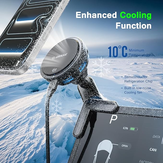 Esoulk Qi2-Certified 25W Fast Wireless Phone Charger, Magnetic Phone Mount Charger with Cooling Fan, Wireless Phone Charger, Magnetic Car Phone Holder for Tesla Model S 3 X Y, iPhone 17/16/15/14/13/12