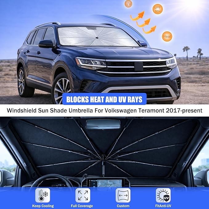 Car Windshield Sun Shade Umbrella - Custom-Fit for Volkswagen Teramont 2017-present Umbrella Sunshade,Easy Install,UV Protection & Heat Reflective,Keep Interior Cooler with Storage Bag