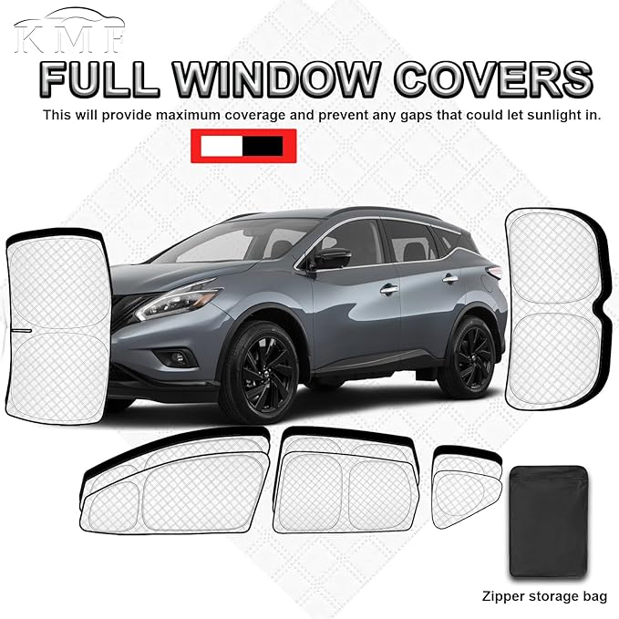 KMF 8pcs Thicken Sun Shades for Nissan Murano 2015-2024 Accessories, Full Car Window Covers Sunshade for Windshield Side Rear, UV Block and Blackout Privacy for Car Camping Outdoor