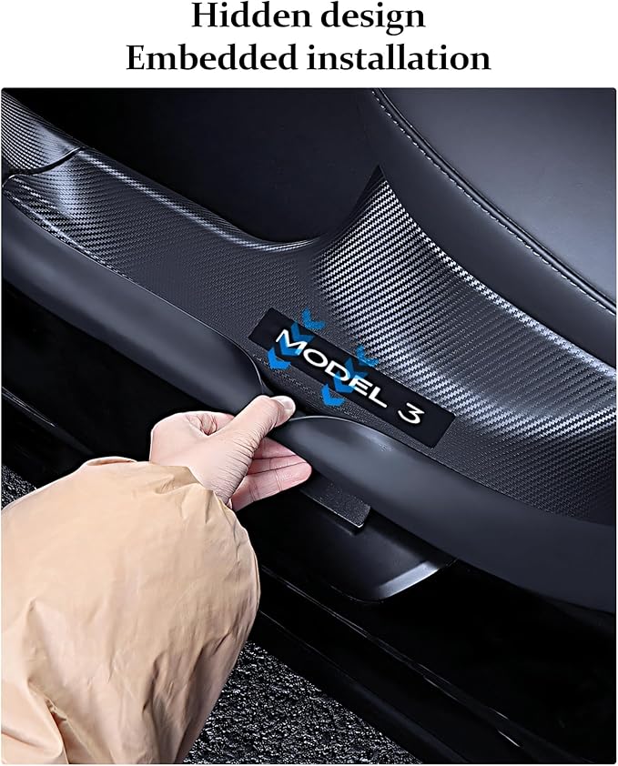 2025 8PCS Tesla Door Sill Protector for Model 3 2024 2025 Highland, Carbon Fiber Door Sill Scuff Plate Edge Guard, Front and Rear Door Entry Guard Scuff Plate Carpet Front Rear Sill