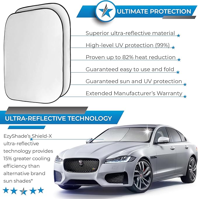 EzyShade Windshield Sun Shade with Shield-X Reflective Technology. See Vehicle Size-Chart. Foldable Car Sunshade for Front Windshield Window Car SUV Van Truck. Sun Visor Heat Shield. Max (L) Size