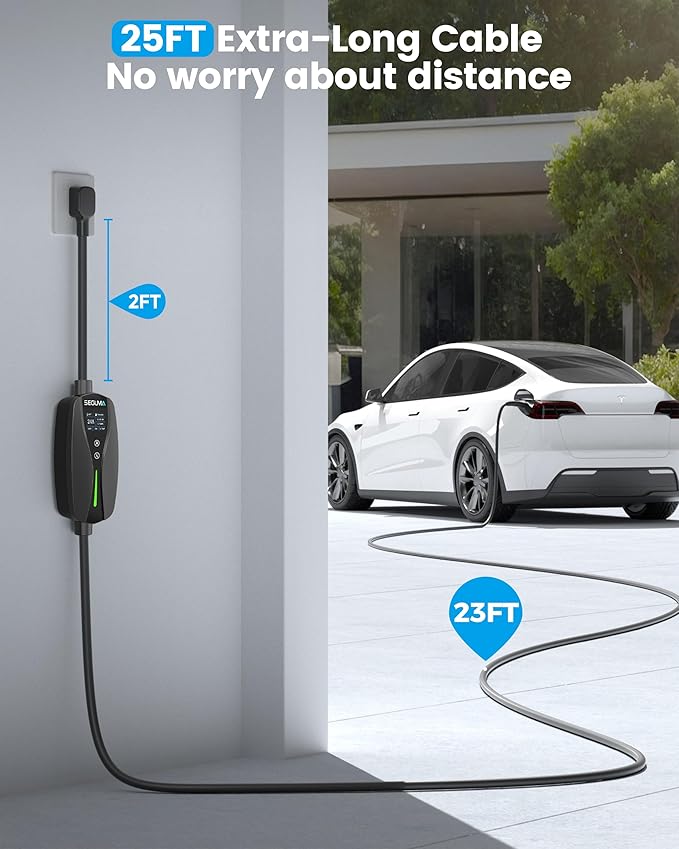 SEGUMA Level 1/2 Tesla Charger (10A-24A)-Dual Voltage 240V NEMA 10-30 3-Prong Dryer Outlet Plug & 120V NEMA 5-15 Adapter, 25ft Extension Cable, Portable Home Mobile NACS Connector for Model Y/3/S/X