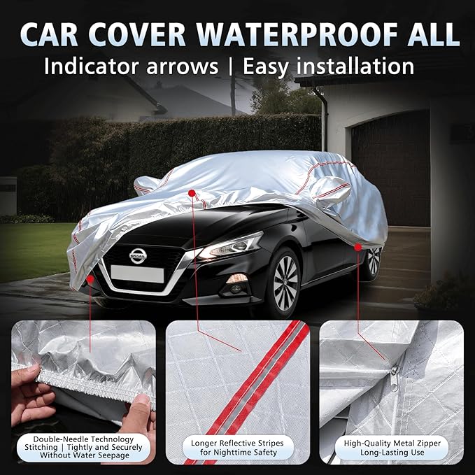 Car Cover Waterproof All Weather for Nissan Altima 2002-2025,All-Around Fastening and 4 Upgrades, 30s Quick-Install for Car Cover