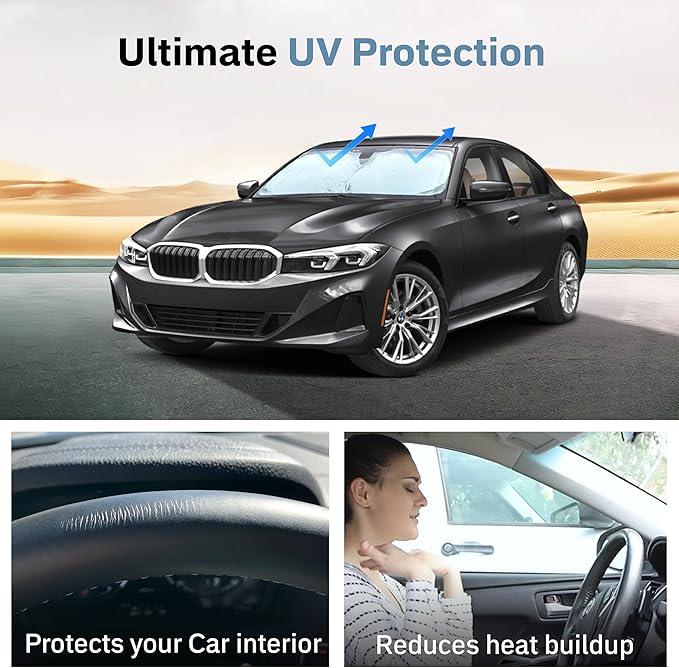 Foldable Windshield Sun Shade for Car – 280T Reflective UV and Heat Shield with Storage Bag | Keeps Interior Cool | Universal Fit for Sedans, SUVs, and Trucks – Standard (64" x 32")