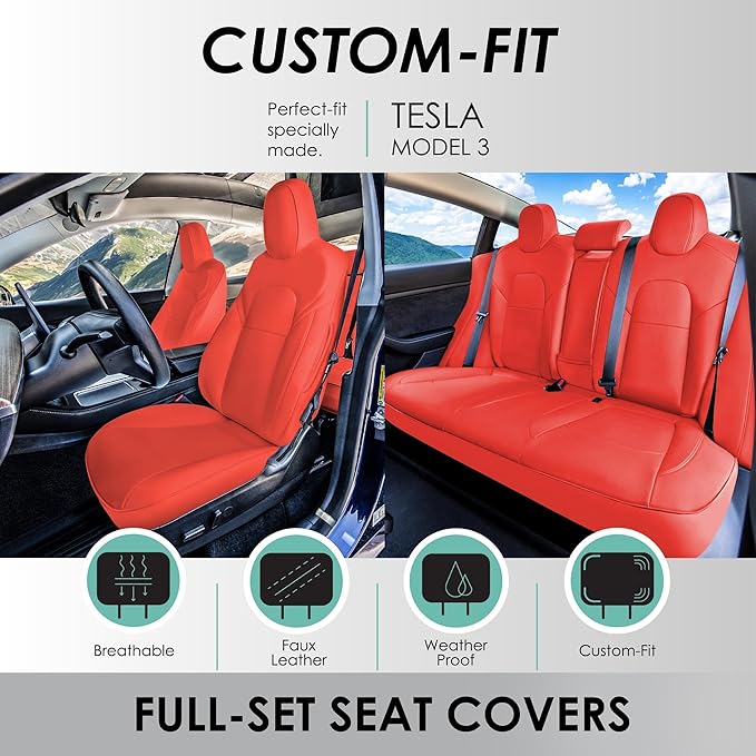 FH Group Custom Fit Car Seat Covers Specifically Made for 2017–2023 Tesla Model 3 Full Set Solid Red Faux Leather Car Seat Covers, Waterproof Automotive Seat Covers, Tesla Accessories