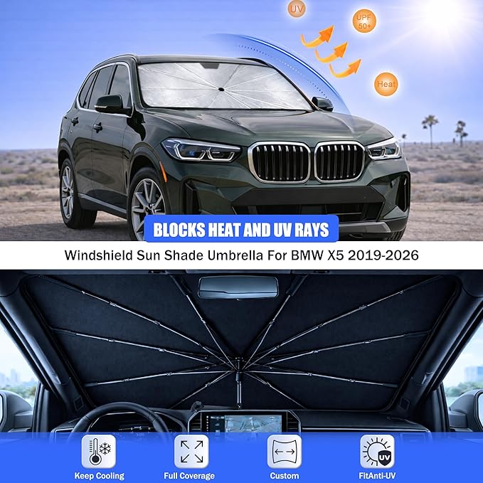 2026 Upgraded Car Windshield Sun Shade Umbrella - Custom-Fit for BMW X5 2019-2026 Umbrella Sunshade,Easy Install,UV Protection & Heat Reflective,Keep Interior Cooler with Storage Bag