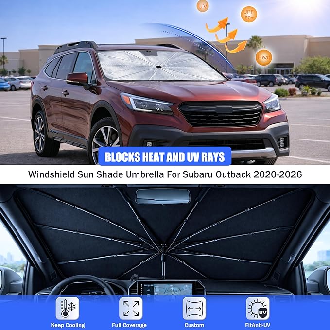 2026 Upgraded Car Windshield Sun Shade Umbrella - Custom-Fit for Su b-aru Outback 2020-2026 Umbrella Sunshade,Easy Install,UV Protection & Heat Reflective,Keep Interior Cooler with Storage Bag