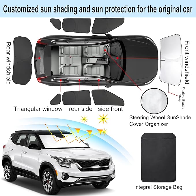 8PCS YYCKE Window Shades for Seltos 2021-2024 for Kia Accessories Car Side Full Windows Rear Triangular Windshield Sun Shade Sun UV Rays & Privacy Protection for Camping,Napping,and Relaxing